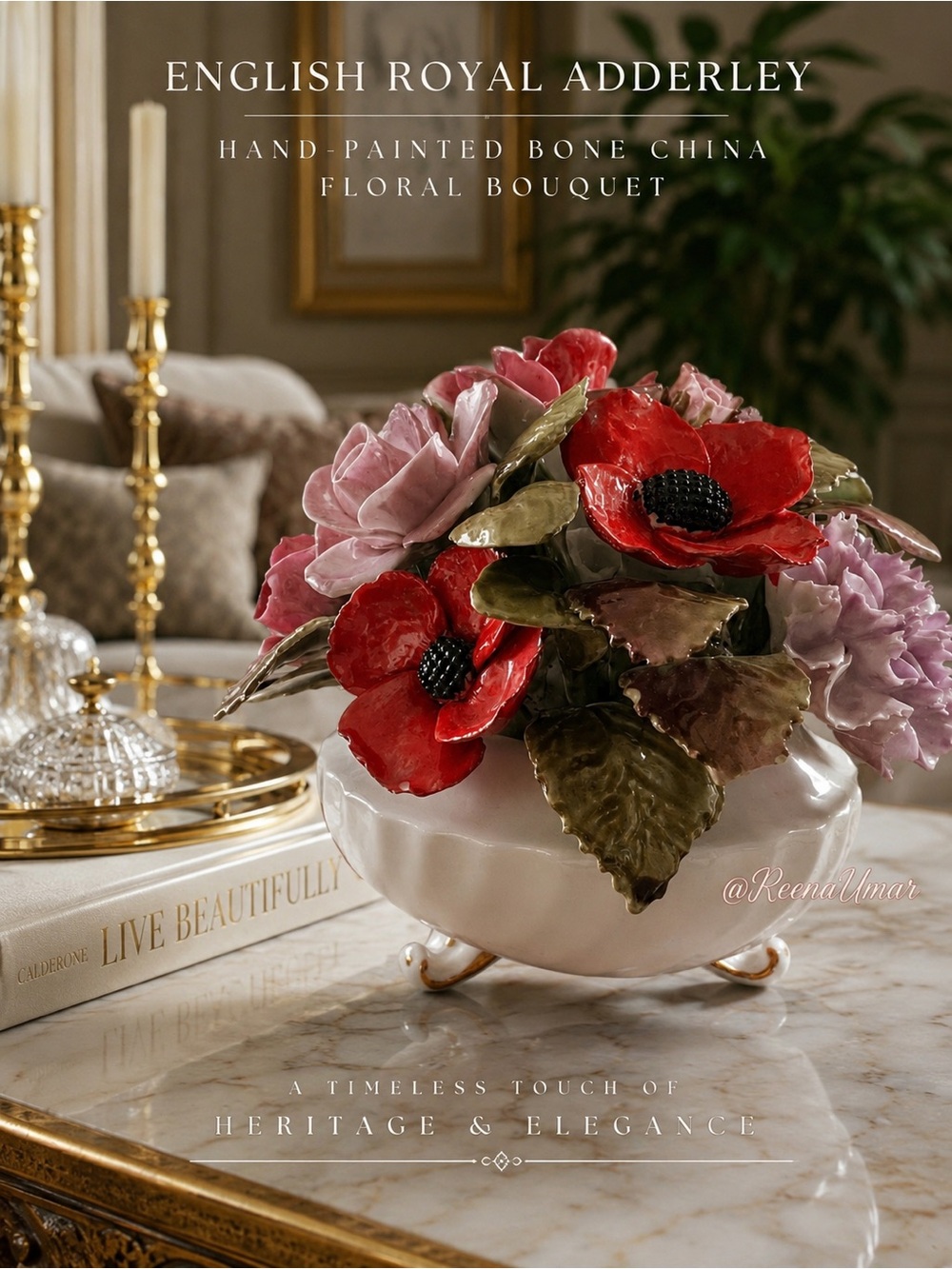 English Royal Adderley Hand-Painted Bone China Floral Bouquet — Red & Pink